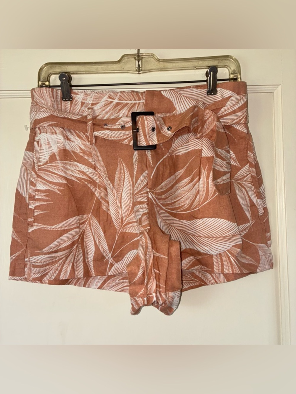 TAHARI Tropical Palm Print High Waist 100% Linen Short Belt Womens M Orange